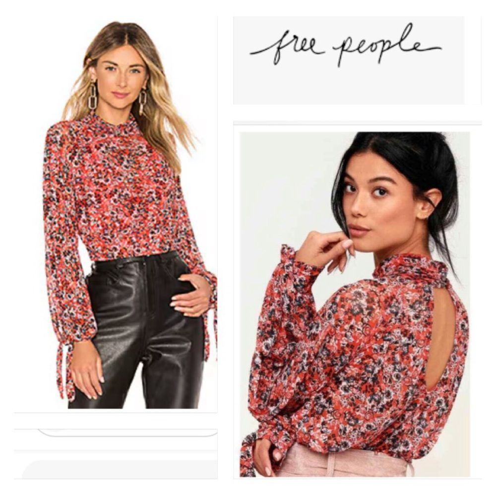 Free People All Dolled Up Black Floral Print Mesh Long Sleeve Crop Top Size L/G